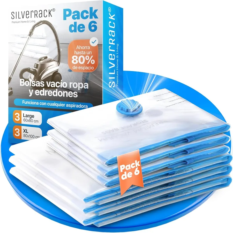 SilverRack ▫️ Conjunto de sacos de roupa para vácuo [6 peças] em 2 tamanhos (3x 60x80 cm / 3x 80x100 cm) - Sacos de compressão para viagens, armazenamento e mudanças - Sacos de vácuo para roupa
