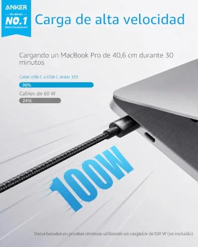 Anker ▫️ Cabo USB-C 333 em nylon, carregamento rápido de 100 W, PD 3.0 [1,8 m], preto, 1 unidade 2