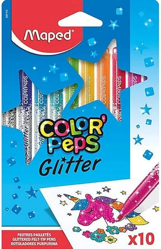 Maped ▫️ Marcadores Color'Peps Glitter de Alta Opacidade com Purpurina Intensa, 10 unidades laváveis para desenhar e colorir, ponta média firme de 2,8 mm, em conformidade com a legislação relativa aos brinquedos