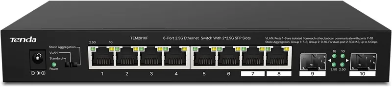 Tenda ▫️ TEM2010F Switch Ethernet de 10 portas 2,5G, 2 portas SFP, VLAN, agregação estática, compatível com dispositivos 2,5G, montagem em secretária/parede, Plug and Play, caixa metálica, preto