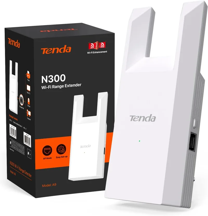 Tenda ▫️ Repetidor Wi-Fi N300, Extensor e Amplificador de 2,4 GHz e 300 Mbps, Instalação fácil, Porta Ethernet de 10/100 Mb/s, Modo AP, A9