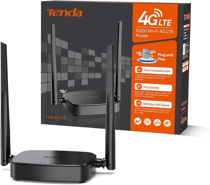 Tenda ▫️ Router 4G SIM (4G03 Pro), Wi-Fi móvel 3G/4G, banda sem fios de 2,4 GHz com Wi-Fi a 300 Mbps, LTE CAT4 a 150 Mbps, antena externa 2x4 dBi, Porta LAN/WAN Fast Ethernet, cartão Nano SIM, Plug and Play