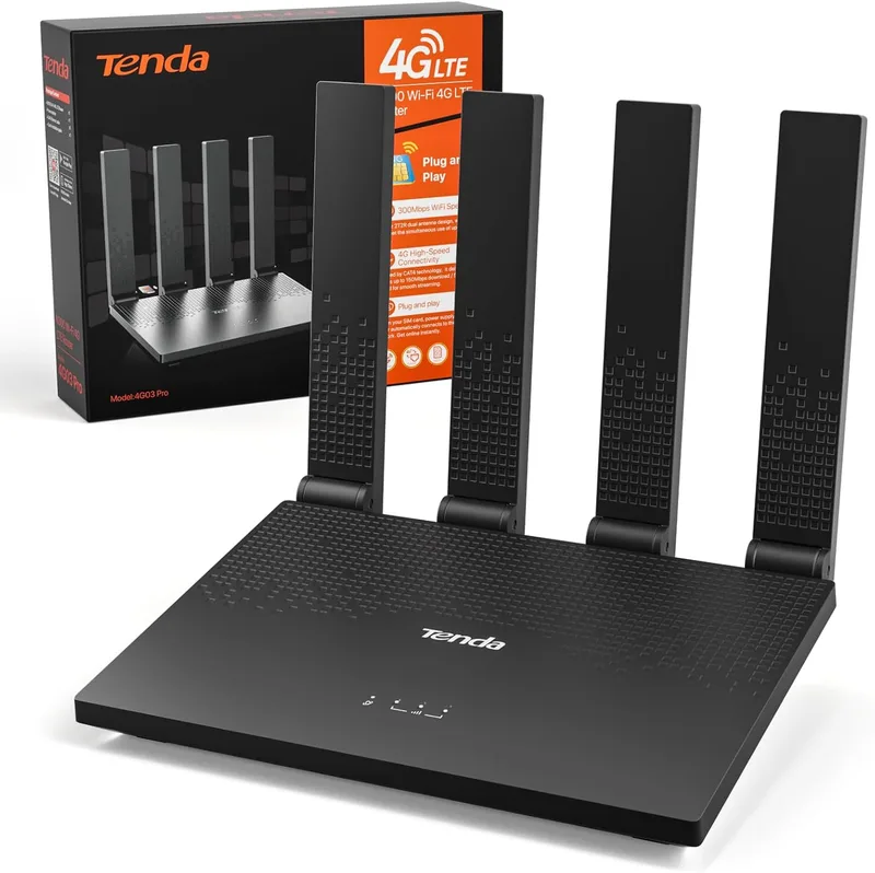 Tenda ▫️ Router 4G com cartão SIM, modem LTE Cat4 e Wi-Fi N300 4G03 Pro V2.0 | 4 antenas dobráveis, USB-C, LAN/WAN, Plug&Play, 32 dispositivos, portátil para uso doméstico, casa rural, autocaravana e campismo