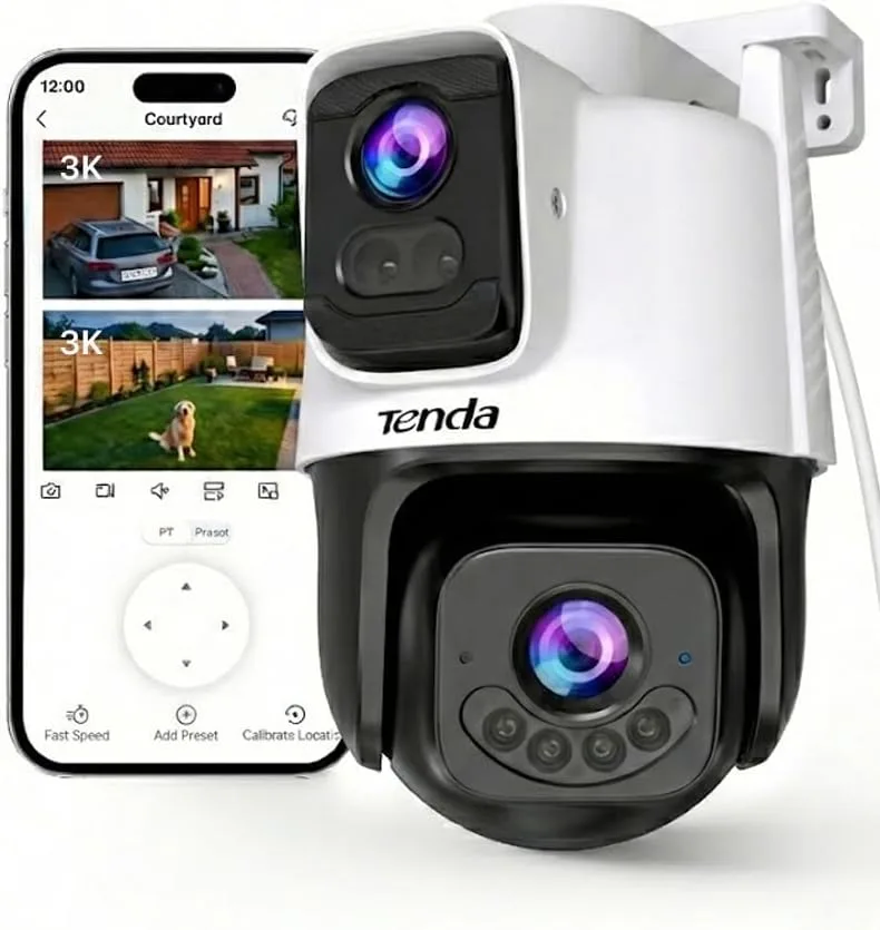 Tenda ▫️ Câmara de vigilância WiFi exterior 5MP+5MP, deteção de pessoas e veículos por IA, alerta e seguimento automáticos, áudio bidirecional, visão nocturna a cores de 360°, gravação contínua 24/7, CH10