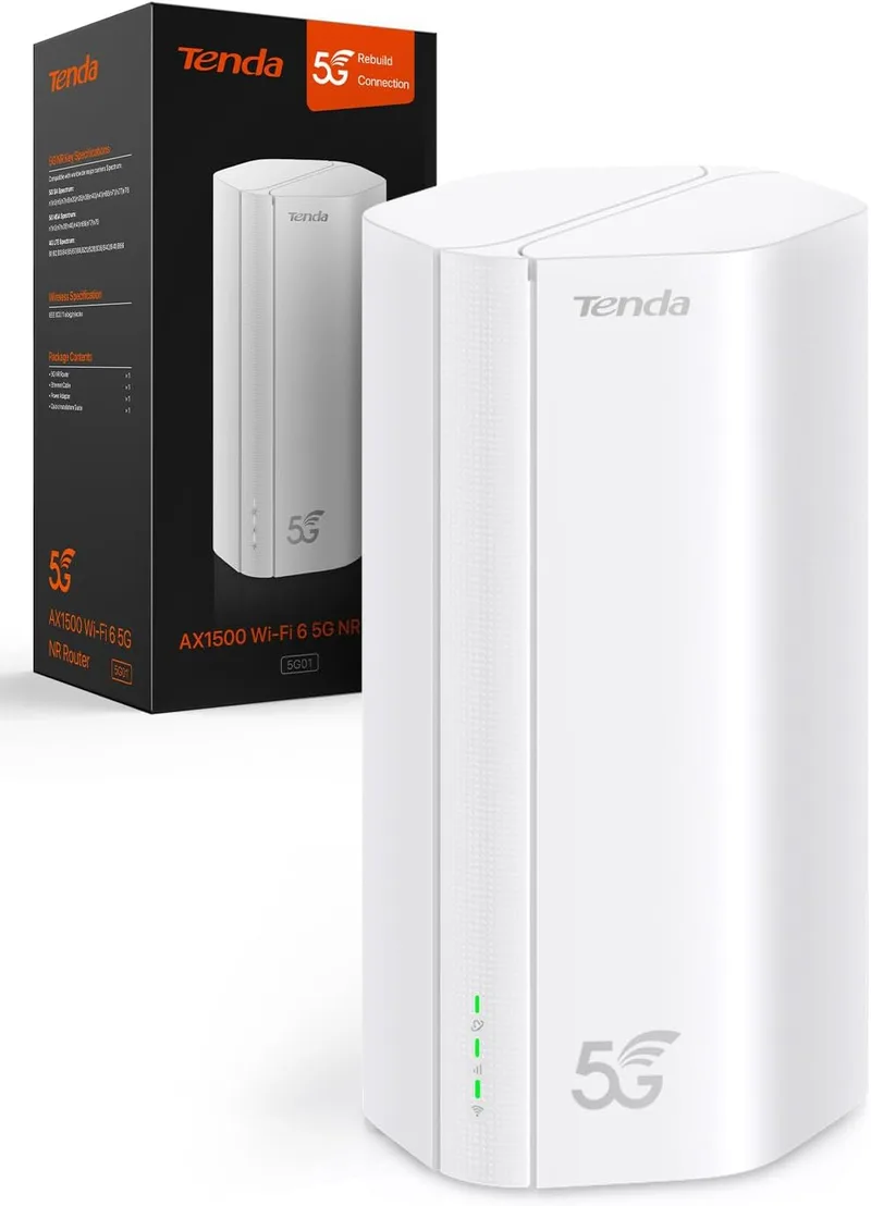 Tenda ▫️ 5G01 - Router 5G com SIM e Wi-Fi 6 a 1500 Mbps, Modem 5G/4G LTE de banda dupla, ranhura para cartão Nano SIM, Plug & Play, porta Gigabit WAN/LAN, 6 antenas internas, Mesh Wi-Fi+, Router 5G NR | Nível Básico