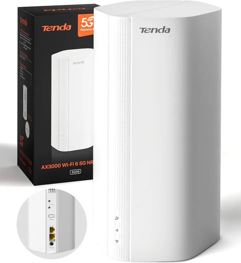Tenda ▫️ 5G06-5G SIM WiFi 6 AX3000Mbps Router Modem 5G com duas ranhuras para Nano SIM, portas 2,5G, Plug & Play, 1024-QAM, 8×5G/4G LTE, 3×Antenas Wi-Fi internas, Mesh WiFi+, WPA3