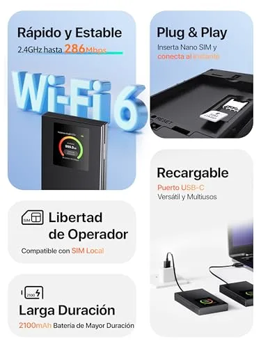 Tenda ▫️ Router Wi-Fi portátil MF6 4G LTE com cartão SIM, Wi-Fi 6 AX300, Plug & Play 2