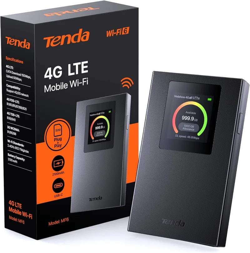 Tenda ▫️ Router Wi-Fi portátil MF6 4G LTE com cartão SIM, Wi-Fi 6 AX300, Plug & Play