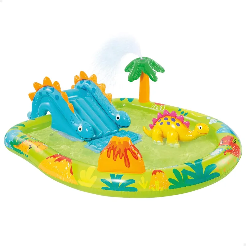 Intex ▫️ 57166 - Piscina insuflável com dispersor de água e escorrega de dinossauro, centro de jogos para crianças