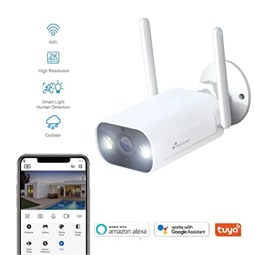 NIVIAN ▫️ Câmara tipo «bullet» Wi-Fi de 2,4 GHz – Resolução 2K – Adequada para uso no exterior (IP66) – Função de deteção de pessoas – Visão noturna de 10 m – Compatível com Alexa e Google Home – Controlo remoto através da aplicação Tuya – Cor: branca 2