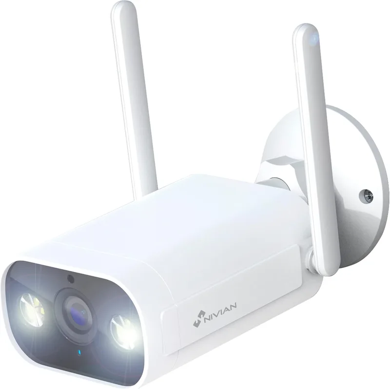 NIVIAN ▫️ Câmara tipo «bullet» Wi-Fi de 2,4 GHz – Resolução 2K – Adequada para uso no exterior (IP66) – Função de deteção de pessoas – Visão noturna de 10 m – Compatível com Alexa e Google Home – Controlo remoto através da aplicação Tuya – Cor: branca