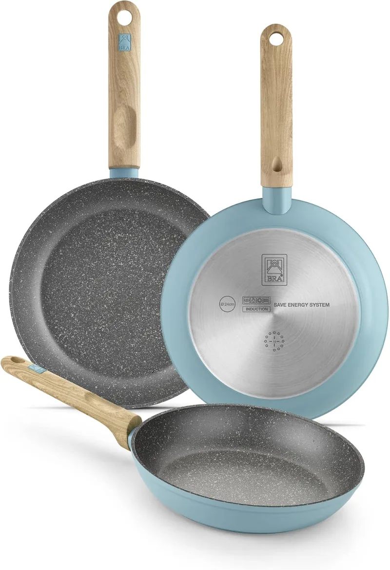 BRA ▫️ Nordik | Conjunto de frigideiras de 20, 24 e 28 cm com design nórdico, em alumínio forjado com revestimento antiaderente, adequadas para todos os tipos de fogões, incluindo os de indução, cor turquesa