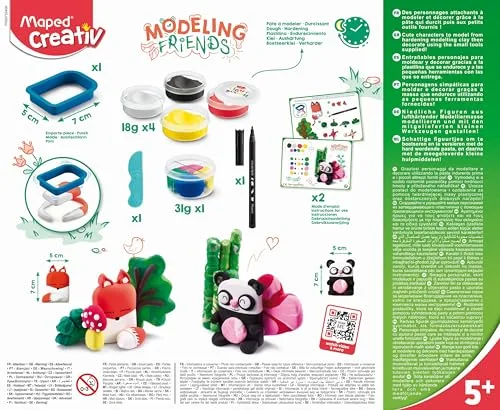 Maped ▫️ Conjunto de Artesanato para Crianças - Modeling Friends Criativo e Adorável - A partir dos 5 anos - Panda e Raposa - Inclui 5 frascos de massa endurecedora, 1 molde, 1 faca de plástico e 1 marcador 3