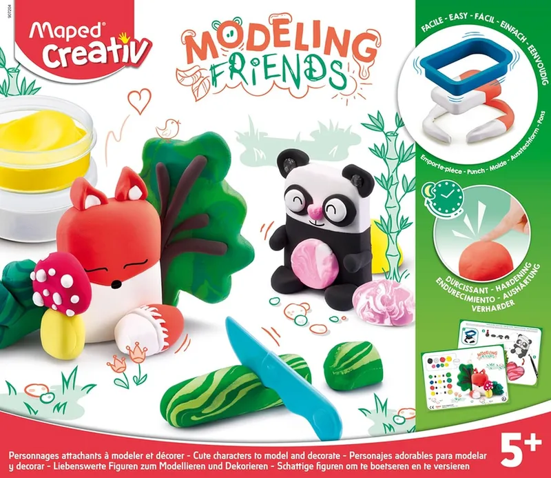 Maped ▫️ Conjunto de Artesanato para Crianças - Modeling Friends Criativo e Adorável - A partir dos 5 anos - Panda e Raposa - Inclui 5 frascos de massa endurecedora, 1 molde, 1 faca de plástico e 1 marcador