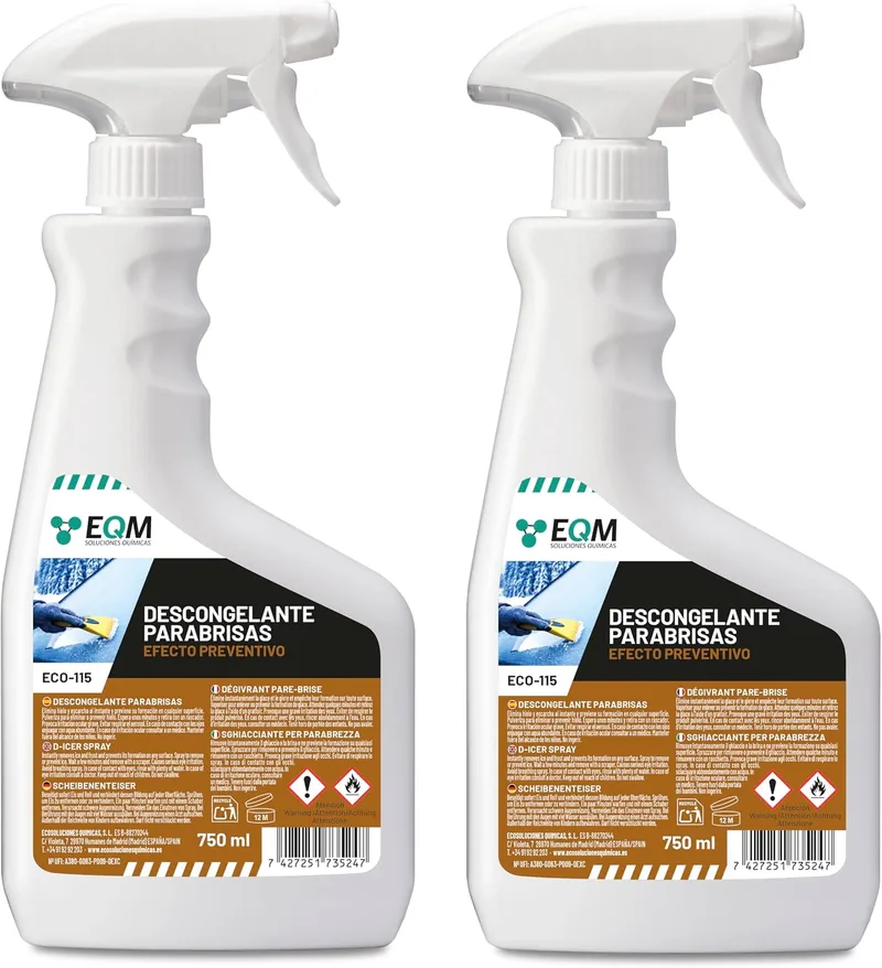 EQM SOLUCIONES QUIMICAS ▫️ EQM - ECO-115 - Descongelante para pára-brisas - 2 x 750 ml - Elimina imediatamente o gelo e a geada - Efeito preventivo, reduz a formação de gelo
