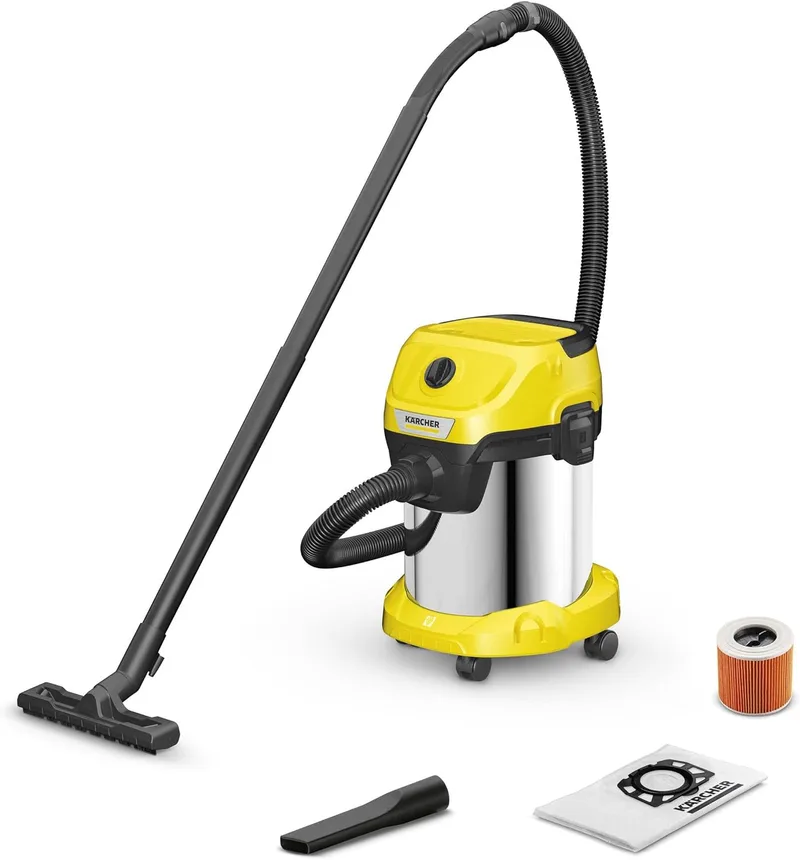 KÄRCHER ▫️ Aspirador seco e húmido WD 3 S V-17/4/20, Plug-in, Filtro de cartucho, 1000 W, Depósito de aço inoxidável de 17 l, Mangueira de aspiração 2 m, Cabo 4 m, Função de soprador