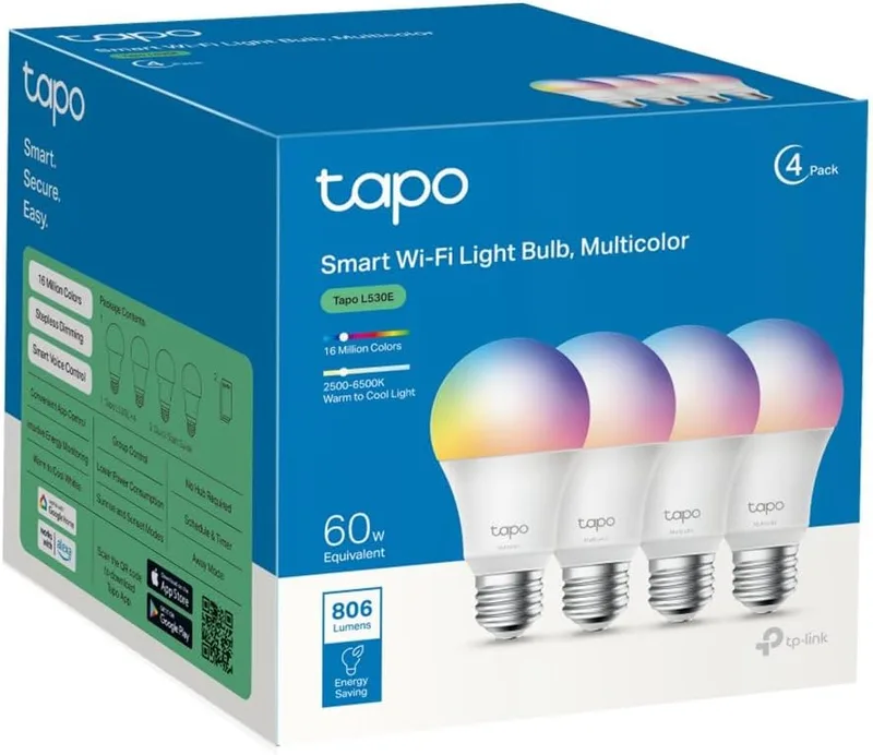 Tapo ▫️ L530E (conjunto de 4) - Lâmpada inteligente Wi-Fi, RGB multicolorida, 806 lm, E27