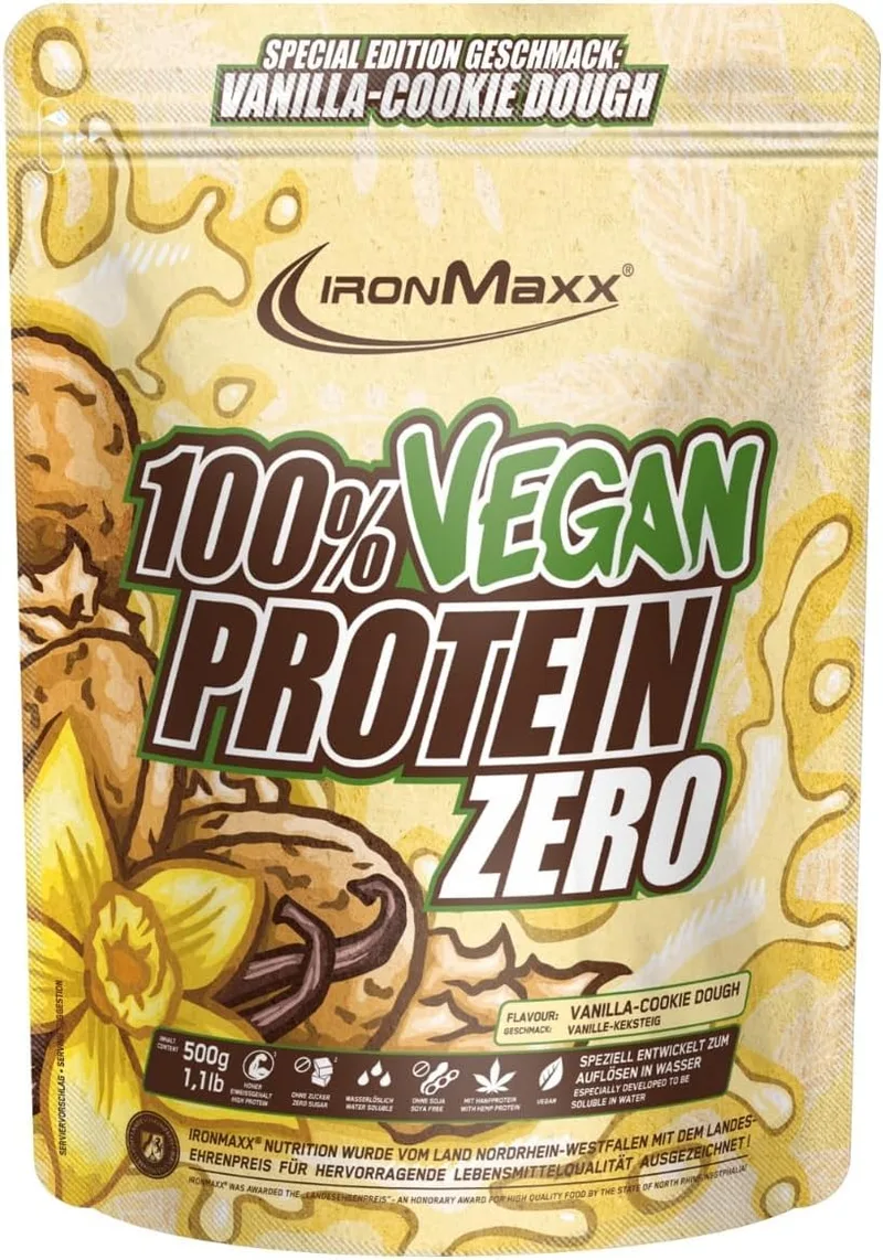 IronMaxx ▫️ 100% Vegan Protein Zero - Vanilla Cookie Dough 500g | Proteína em pó rica em proteínas e sem açúcar, feita a partir de 4 ingredientes