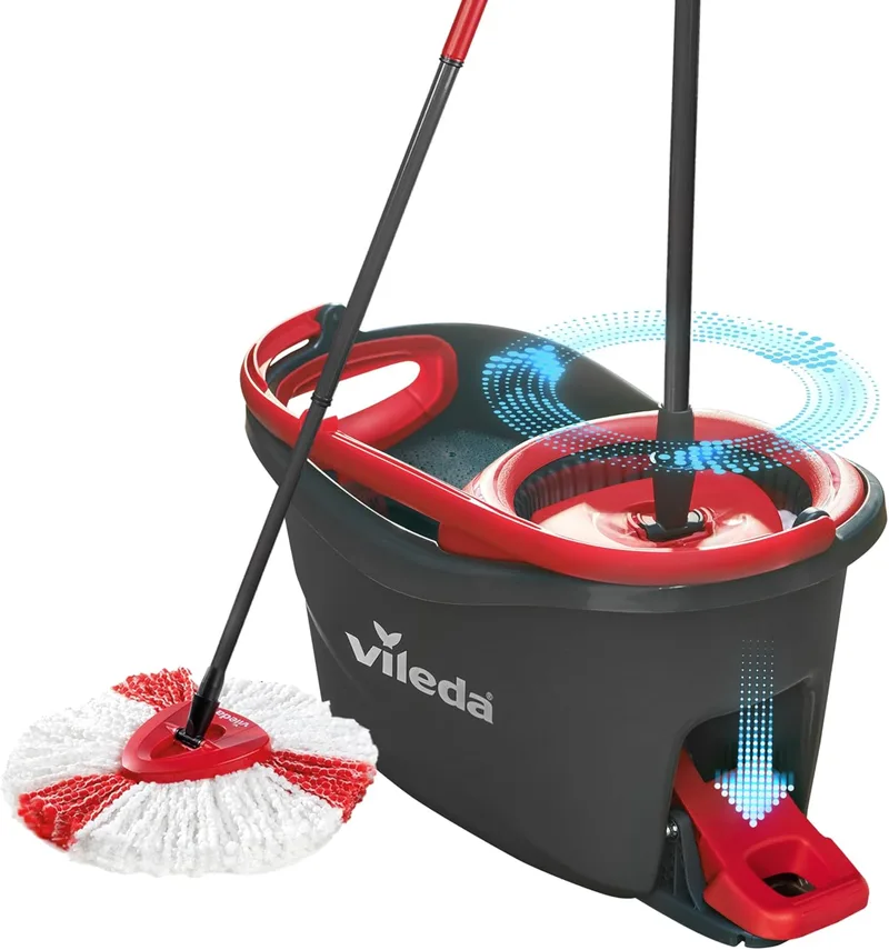 Vileda ▫️ Conjunto de balde para esfregona de chão giratório com pedal Turbo - Cabo telescópico 85-123 cm - Cabeça de microfibra 2 em 1 - Love it Clean - Embalagem sustentável