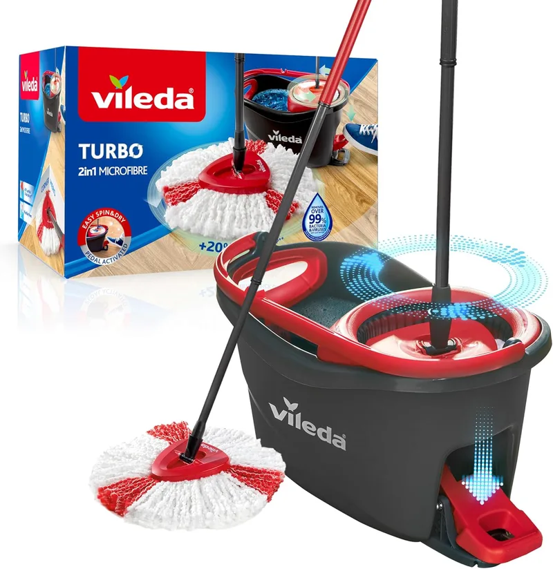 Vileda ▫️ Turbo, Conjunto de esfregona com balde, pedal e cabo telescópico de 85-123 cm