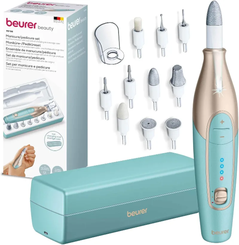 Beurer ▫️ Conjunto de manicure/pedicure MP 84, lima elétrica para unhas com bateria recarregável, 10 acessórios, luz LED, inclui estojo, até 4400 rpm, lima elétrica para o cuidado das mãos e dos pés