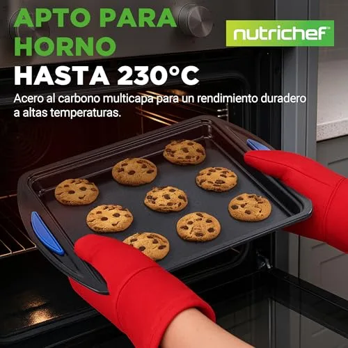 Nutrichef ▫️ Tabuleiros para forno Conjunto de 3, Pegas de silicone, Empilháveis, Aço ao carbono resistente, Antiaderente 2