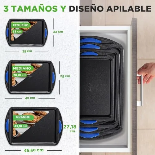 Nutrichef ▫️ Tabuleiros para forno Conjunto de 3, Pegas de silicone, Empilháveis, Aço ao carbono resistente, Antiaderente 3