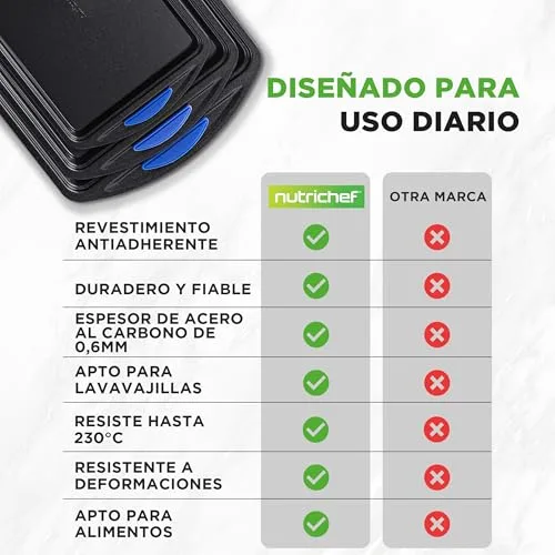 Nutrichef ▫️ Tabuleiros para forno Conjunto de 3, Pegas de silicone, Empilháveis, Aço ao carbono resistente, Antiaderente 4