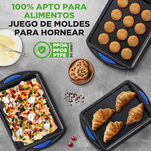 Nutrichef ▫️ Tabuleiros para forno Conjunto de 3, Pegas de silicone, Empilháveis, Aço ao carbono resistente, Antiaderente 5