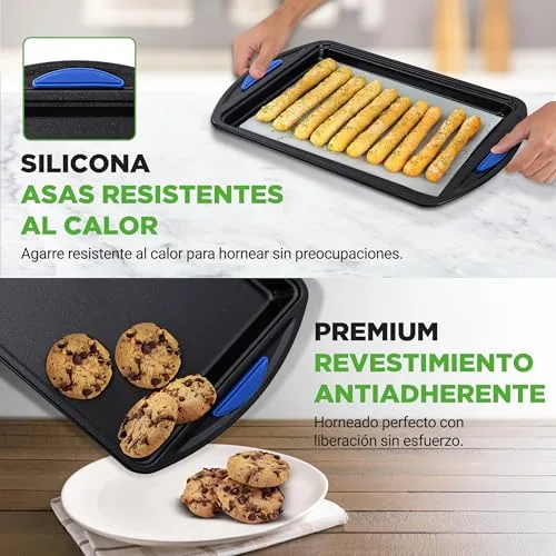 Nutrichef ▫️ Tabuleiros para forno Conjunto de 3, Pegas de silicone, Empilháveis, Aço ao carbono resistente, Antiaderente 6