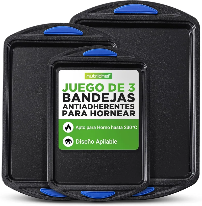 Nutrichef ▫️ Tabuleiros para forno Conjunto de 3, Pegas de silicone, Empilháveis, Aço ao carbono resistente, Antiaderente