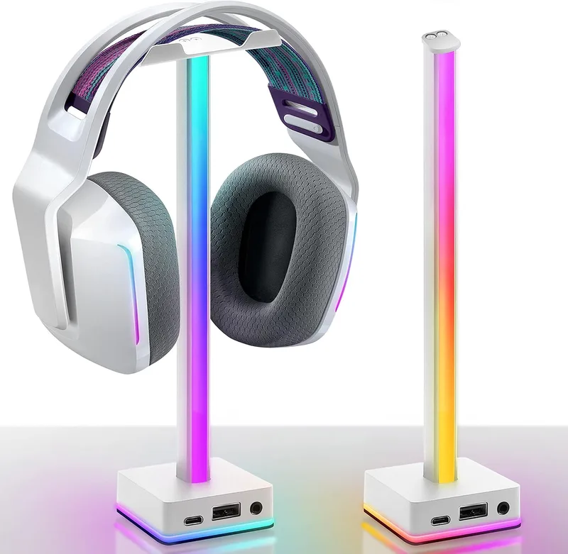 EZDIY-FAB ▫️ Suporte para auscultadores com barra de luz LED USB, iluminação RGB de ambiente para secretária, 50 modos de cor integrados, suporte para auscultadores para jogadores – Acessórios para PC de jogos – Branco – 1 unidade