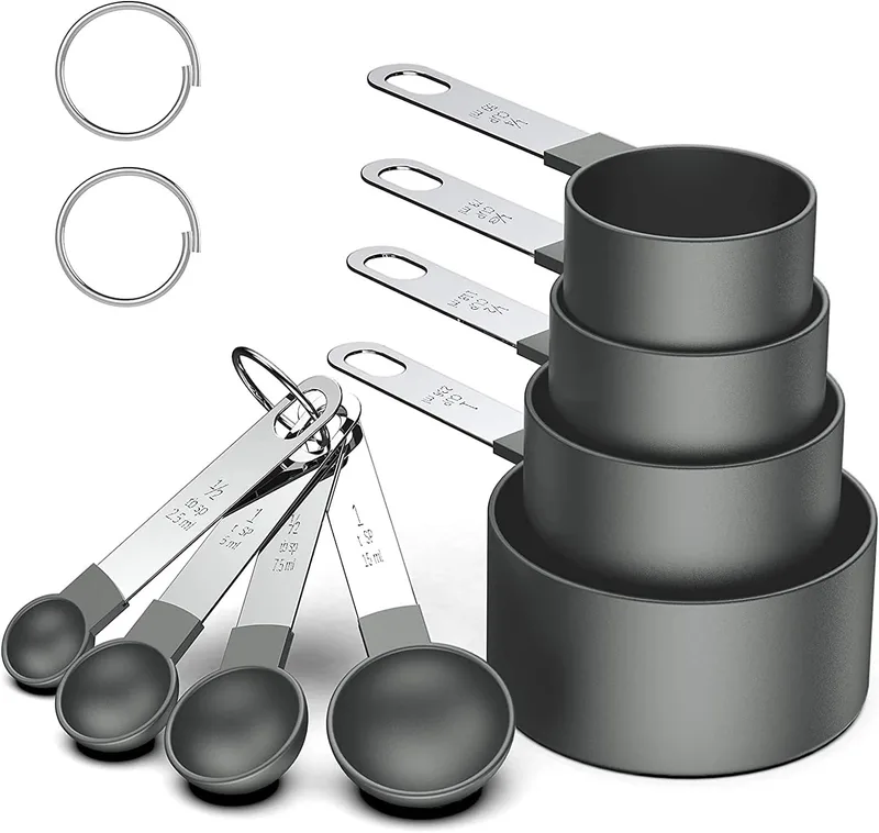 RUNZI ▫️ Conjunto de 8 chávenas e colheres medidoras, colheres medidoras empilháveis pretas para medir ingredientes secos e líquidos, colher de chá pequena com cabo de plástico