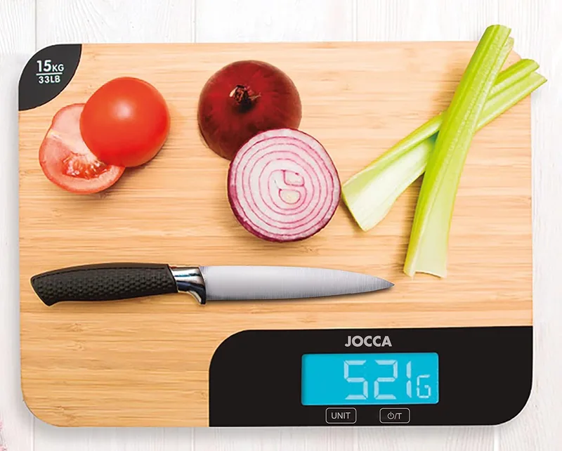 Jocca ▫️ Tábua de corte de cozinha em bambu com balança integrada, tábua de balança 2 em 1 com ecrã LED, bambu higiénico, 35x26x2'5cm