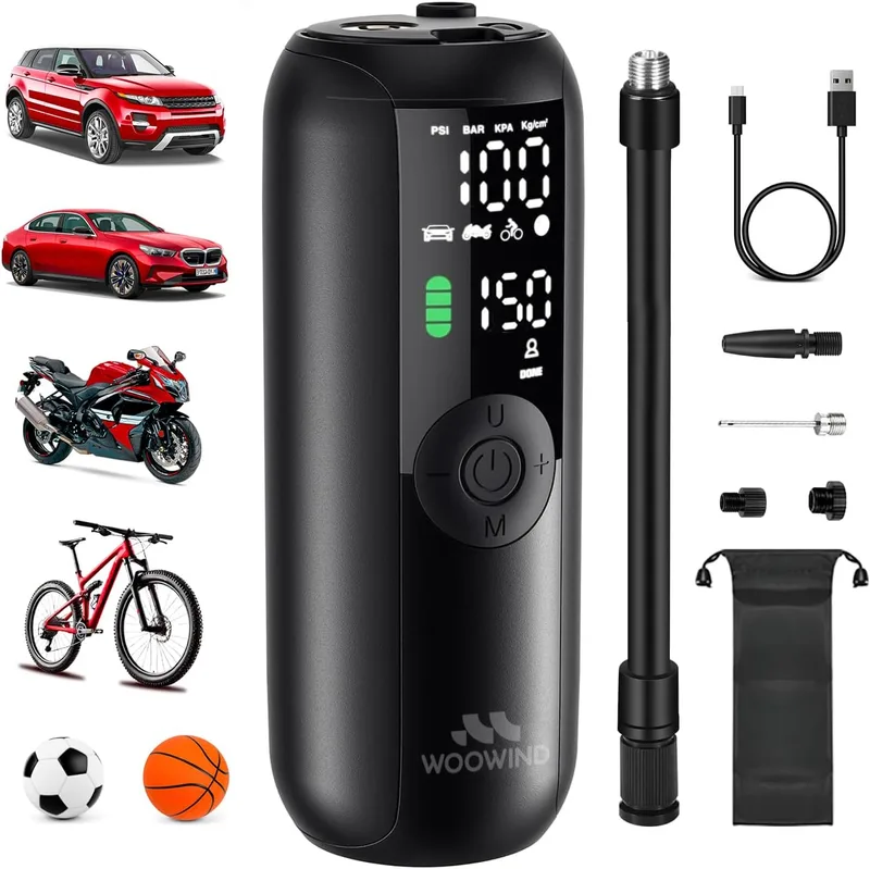 Woowind ▫️ Compressor de ar portátil 150PSI/10,3Bar, bomba de bicicleta, insuflador de pneus de automóvel, insufla em 1 minuto, insuflador de carros, bicicletas, motas e bolas, desligamento automático, ecrã LCD, lanterna LED