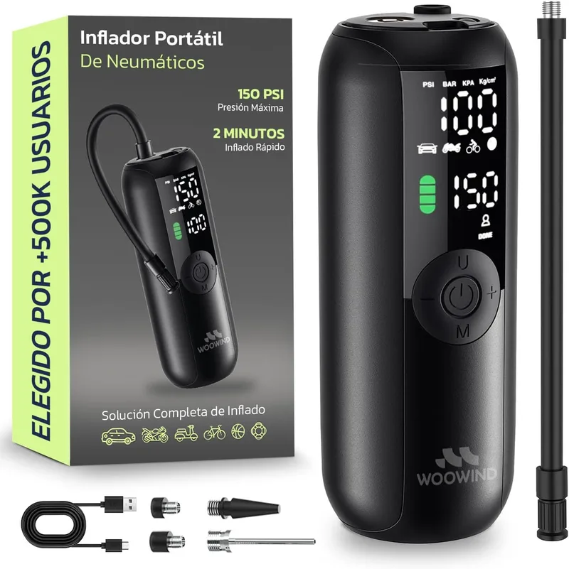 Woowind ▫️ Compressor de ar portátil 150PSI/10,3Bar, bomba de bicicleta, insuflador de pneus de automóvel, insufla em 1 minuto, insuflador de carros, bicicletas, motas e bolas, desligamento automático, ecrã LCD, lanterna LED