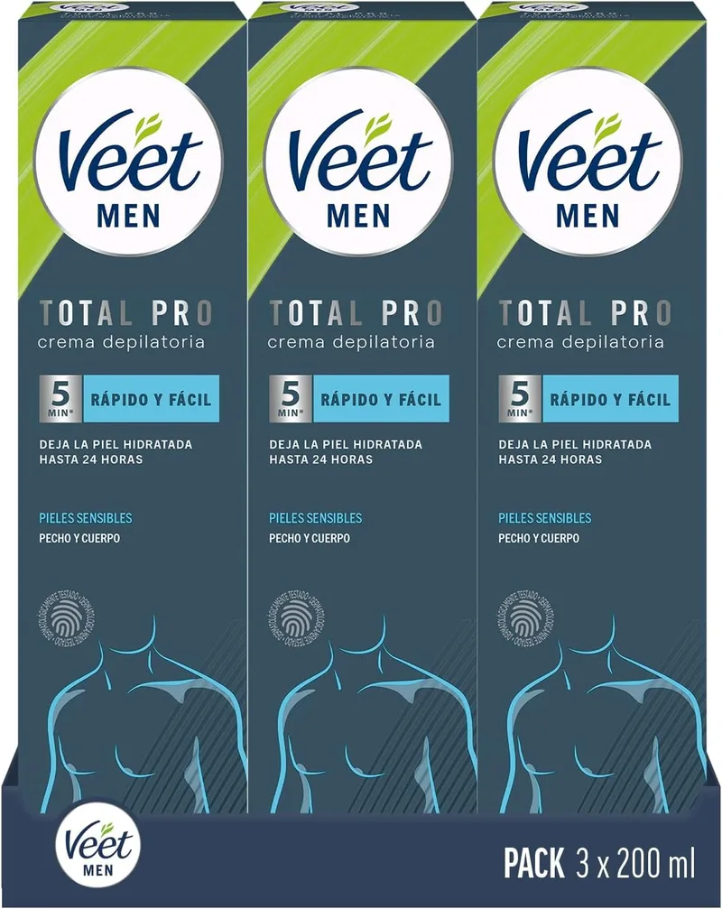 Veet ▫️ Men Creme Depilatório Masculino para Peito, Costas, Braços e Pernas, Peles Sensíveis, 3 x 200 ml