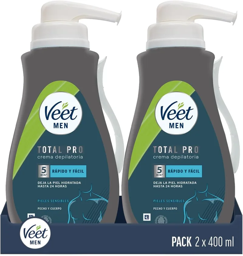 Veet ▫️ Men Creme Depilatório Masculino para Peito, Costas, Braços e Pernas, Peles Sensíveis, Cor Cinza, 400 ml (Embalagem de 2)