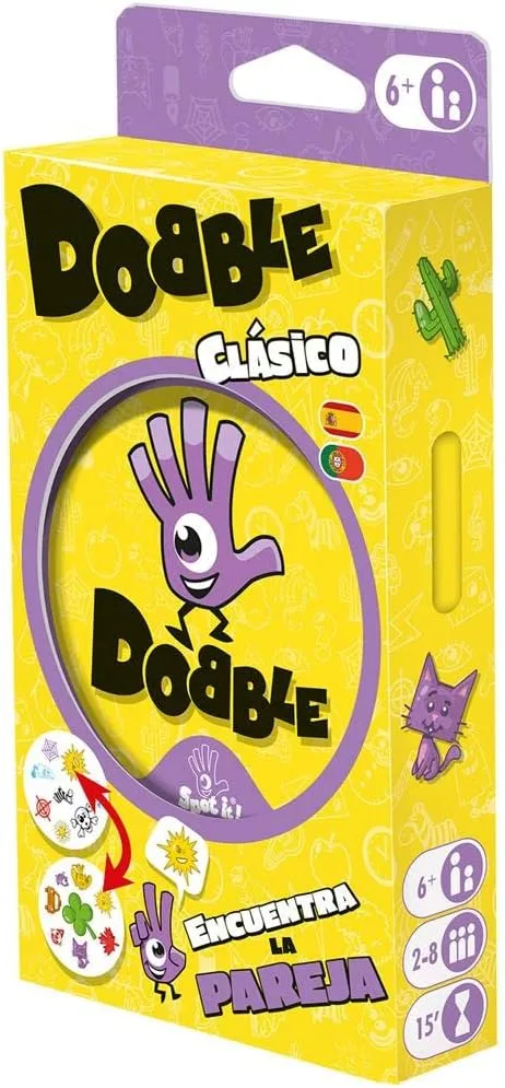 Asmodee ▫️ Zygomatic Dobble Classic Blister Eco, exclusivo Amazon, jogo de cartas para famílias e crianças, idade 7+, 2 a 8 jogadores, 15 minutos por jogo, em inglês e português, em espanhol e português