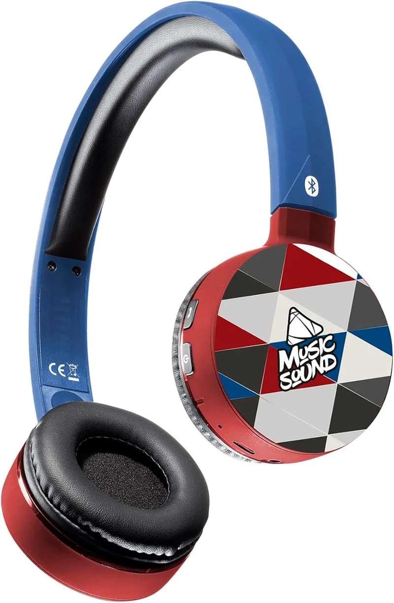 Music Sound ▫️ Auscultadores Bluetooth com arnês | Auscultadores estéreo supra-auriculares Bluetooth com comando remoto integrado - Autonomia de 20 horas - Recarga em 2 horas - Padrão «Triângulos»