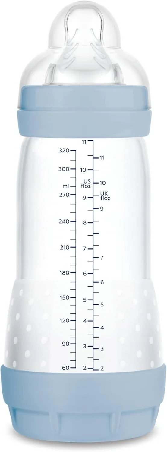 MAM ▫️ Biberão anti-cólicas a partir dos 4 meses, 320 ml, com tetina de silicone de fluxo rápido 3, auto-esterilizável e fácil de limpar, Easy Start Anti-Colic, azul mate, embalagem de 1 unidade.