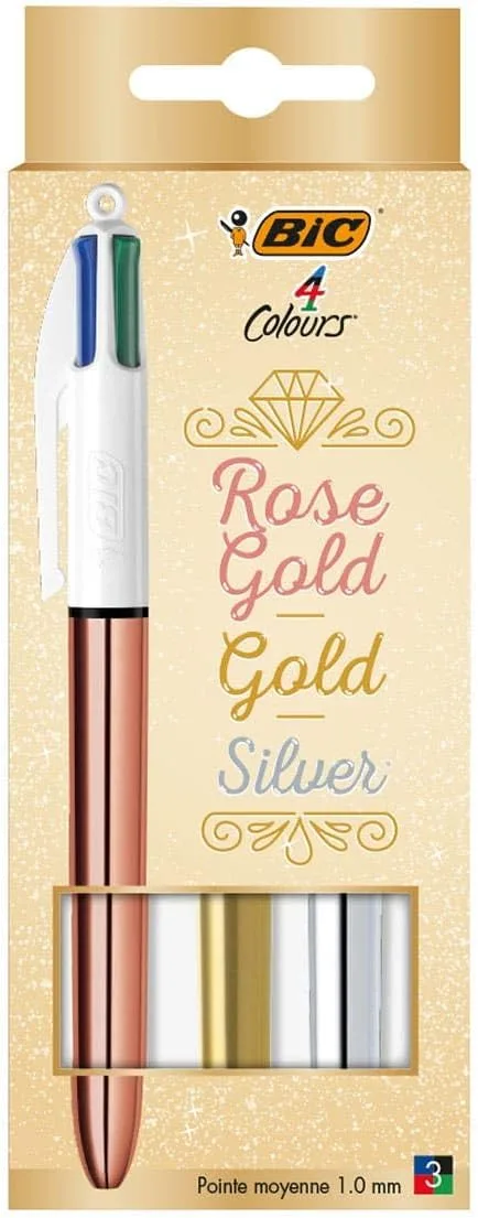 BIC ▫️ Conjunto de 3 canetas esferográficas Pick Gold e Silver 4 Colors