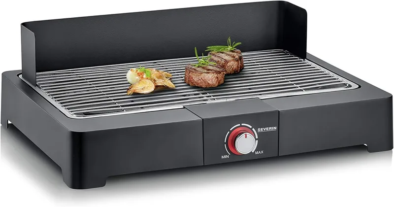 Severin ▫️ Churrasqueira de mesa com grelha em aço inoxidável para uso no interior e no exterior, churrasqueira elétrica com arranque rápido, mini-churrasqueira sem risco de queimaduras, preta, PG 8565