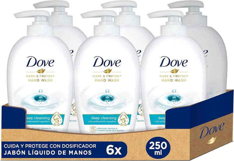 Dove ▫️ Care & Protect Lavagem das Mãos com Antibacteriano e 5 Ingredientes Hidratantes, Embalagem de 6 x 250 ml