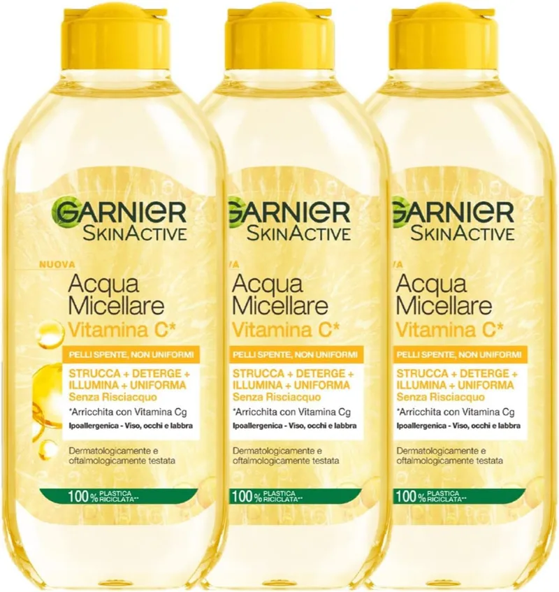 Garnier ▫️ SkinActive - Água micelar tudo-em-1 com vitamina C, para pele baça e irregular, sem enxaguamento, 3 x 400 ml