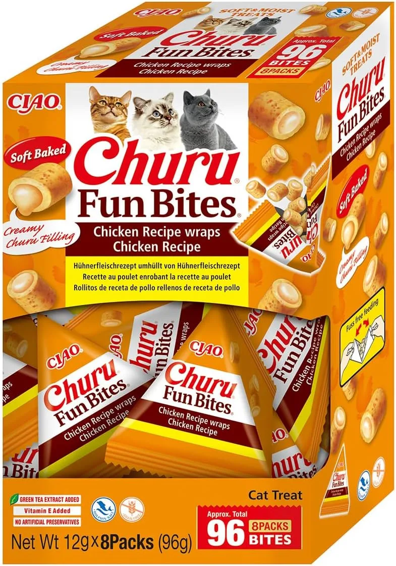 INABA ▫️ Churu Fun Bites Gatos - Receita Saudável de Frango - Guloseimas Crocantes e Cremosas - Porção Pequena e Conveniente - Sem Cereais, Sem Corantes, Sem Conservantes - 96g (8x12g)