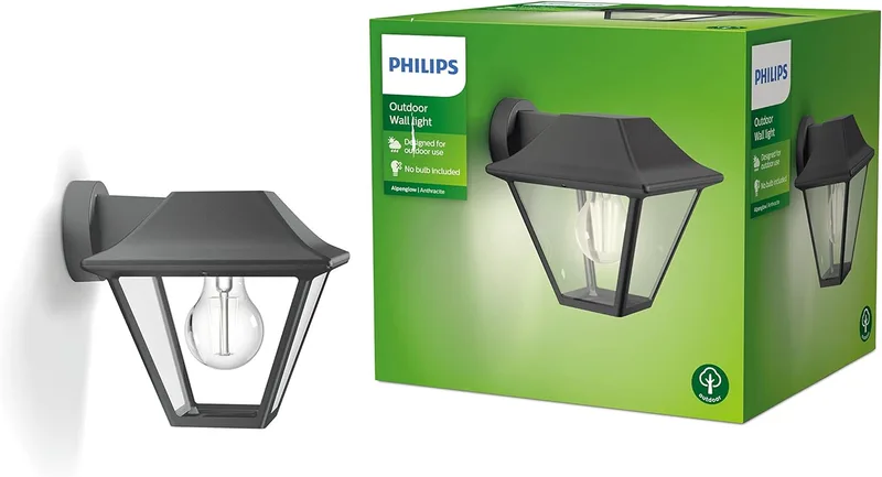 Philips ▫️ Candeeiro de parede exterior Alpenglow, IP44 resistente às intempéries, durável, design clássico, alumínio, design clássico, cinzento antracite, lâmpada E27 vendida em separado