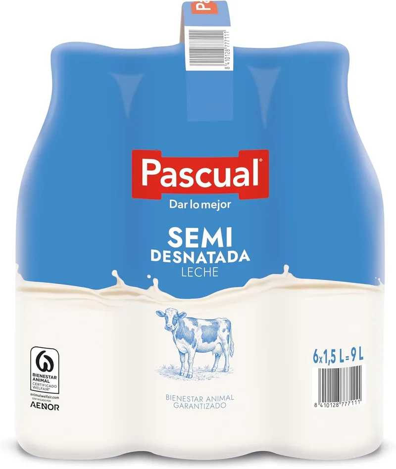 Pascual ▫️ Leite - Leite Meio-Gordo - Bem-estar Animal - Embalagem 6 x 1,5L - Ideal para Crianças e Adultos, Produto Natural e Saudável