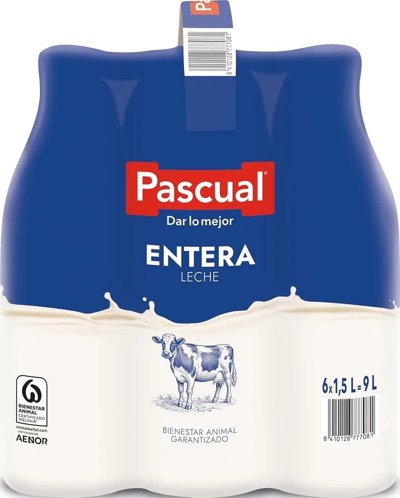 Pascual ▫️ Leite - Leite Gordo - Bem-estar Animal - Embalagem de 6 x 1,5 L - Ideal para crianças e adultos, produto natural e saudável