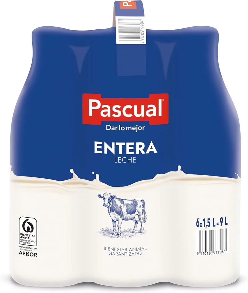 Pascual ▫️ Leite - Leite Gordo - Bem-estar Animal - Embalagem de 6 x 1,5 L - Ideal para crianças e adultos, produto natural e saudável
